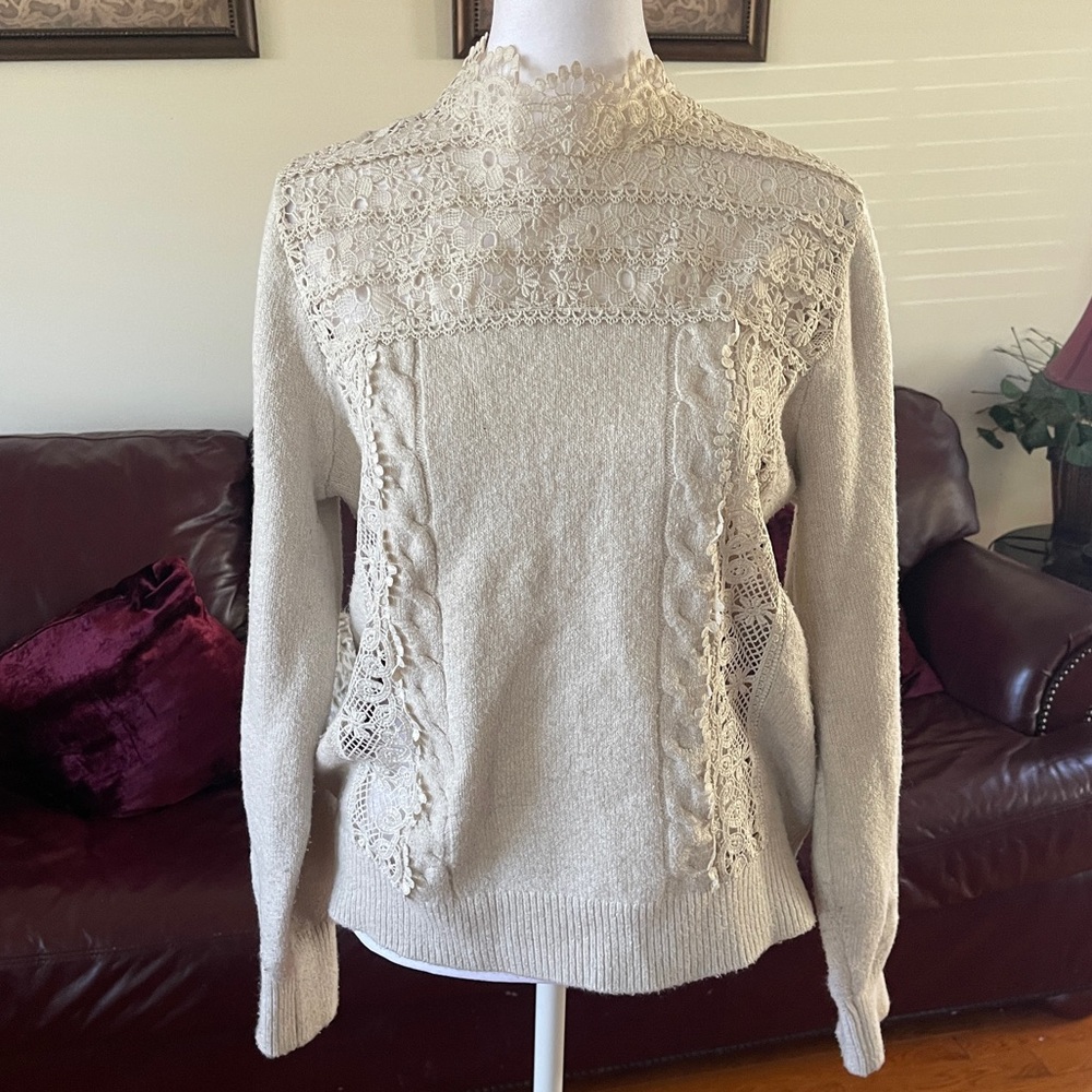 Hinge Lace Yoke Sweater Ivory Crochet Panel Cottagecore Knit Top Small